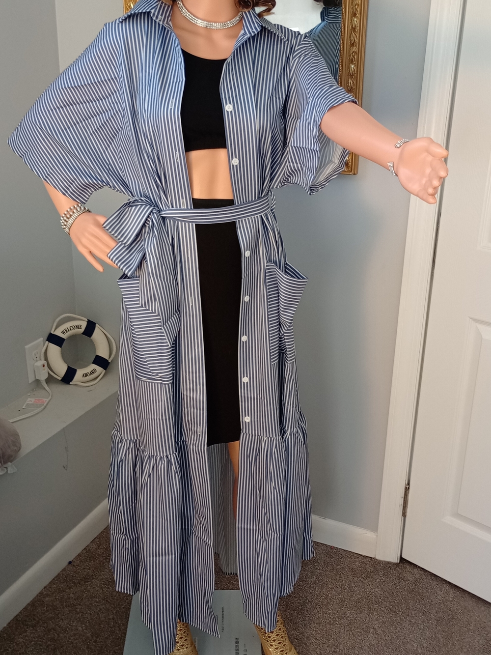 Classic Blue & White Stripe Duster With Pockets Size XL NEW